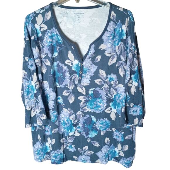 croft & barrow Tops - Croft & Barrow Women 3x Floral Henley Classic Cotton Knit Stretch T-shirt Top